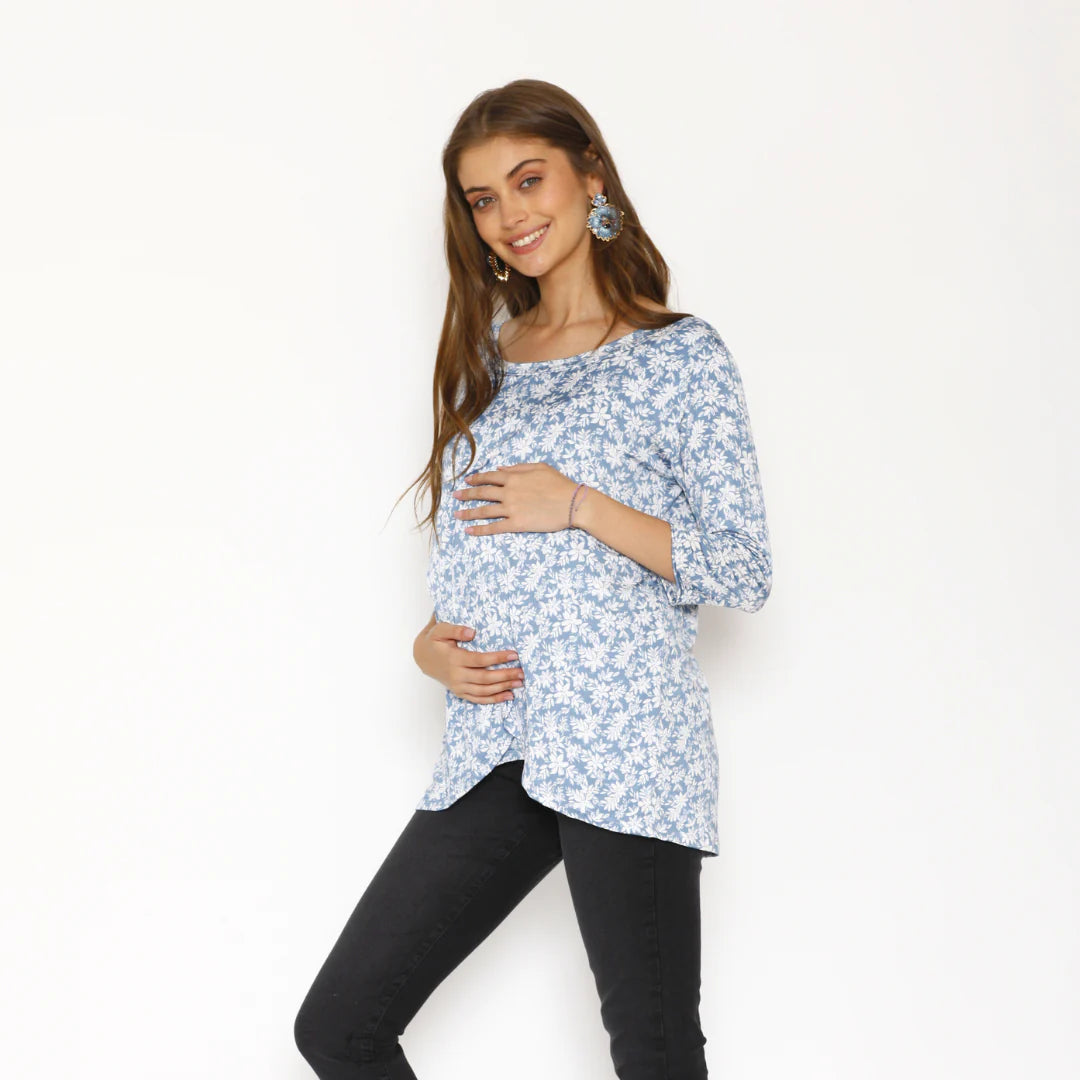 Nursing Shirt - Sky Blue Flowers