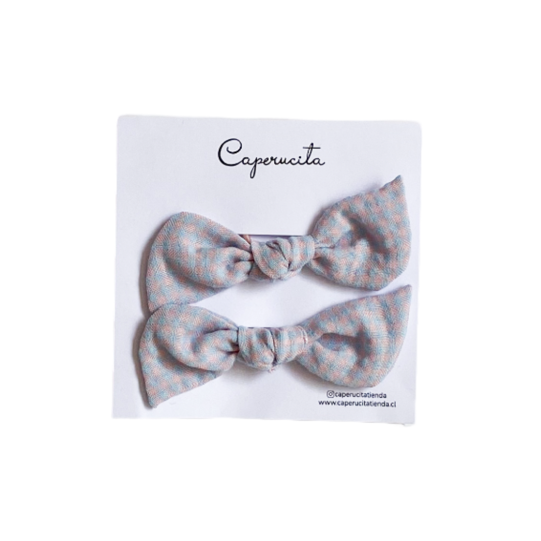 Set 2 Colet Orejitas de Oso - Tamaño S - Cuadrillé Celeste y Rosa | Caperucita