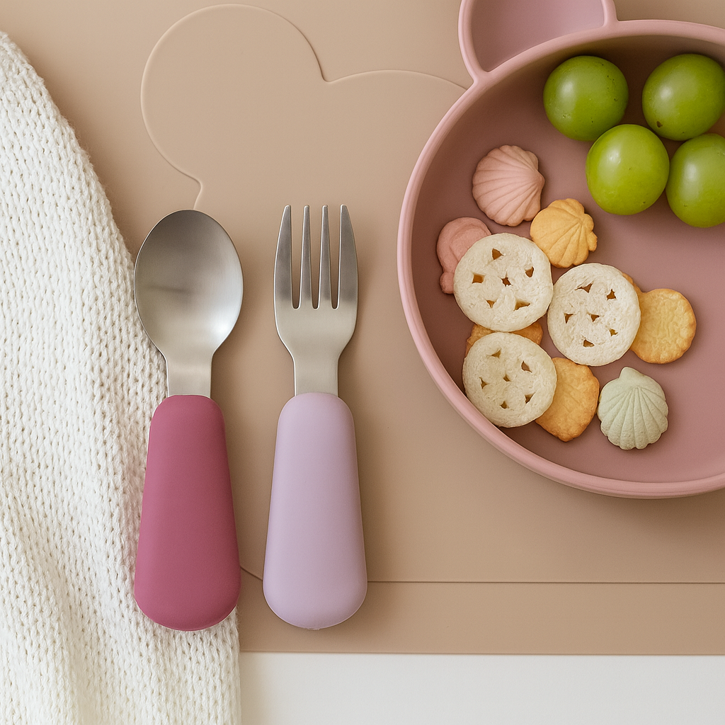 Set de Cuchara y Tenedor de Acero con Mango de Silicona - Lavanda | Mamás Mateas