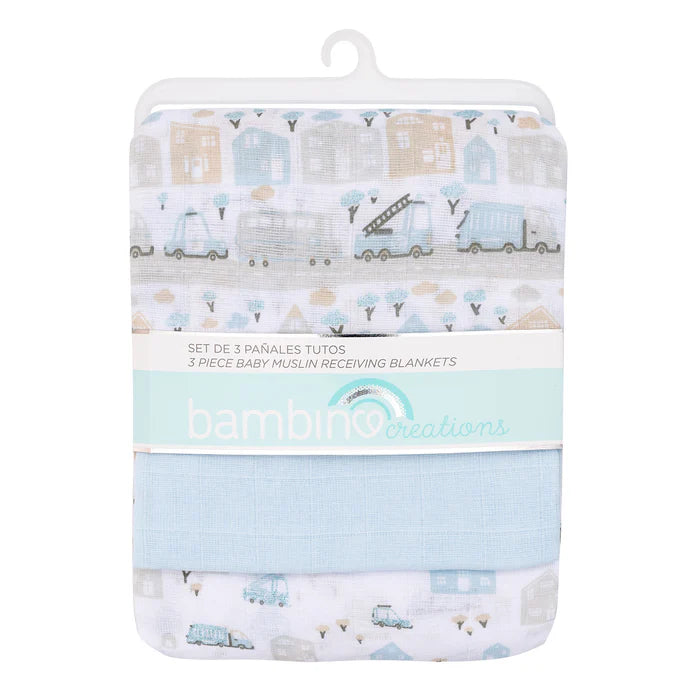 Pack de 3 Paños de Muselina - Autos y Edificios | Bambino