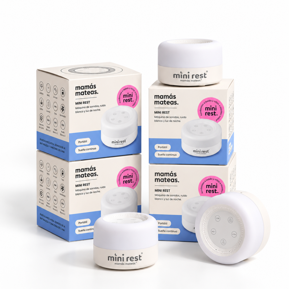 Mini Rest® - Máquina de Sonidos, Ruido Blanco y Luz de Noche | Mamás Mateas