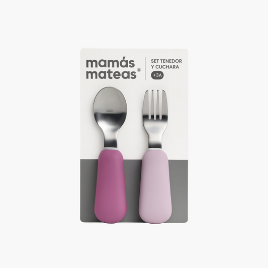 Set de Cuchara y Tenedor de Acero con Mango de Silicona - Lavanda | Mamás Mateas