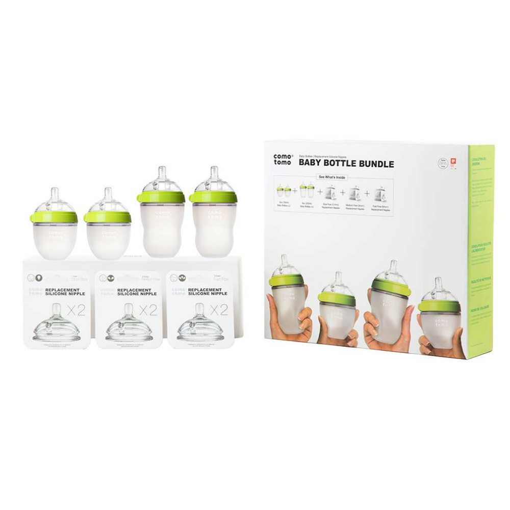 Set 4 Mamaderas Comotomo: 2 de 150 ml + 2 de 250 ml + 3 Sets de Tetinas - Verde | Comotomo