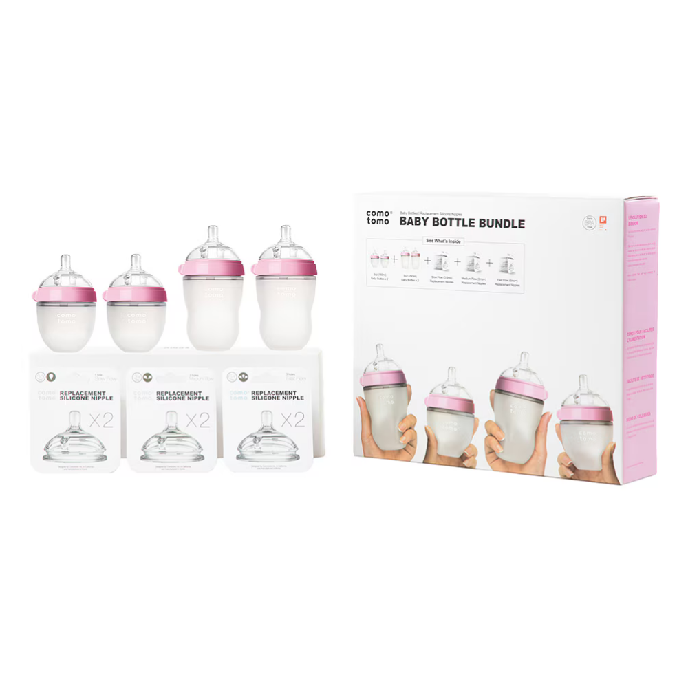 Set 4 Mamaderas Comotomo: 2 de 150 ml + 2 de 250 ml + 3 Sets de Tetinas - Rosado | Comotomo