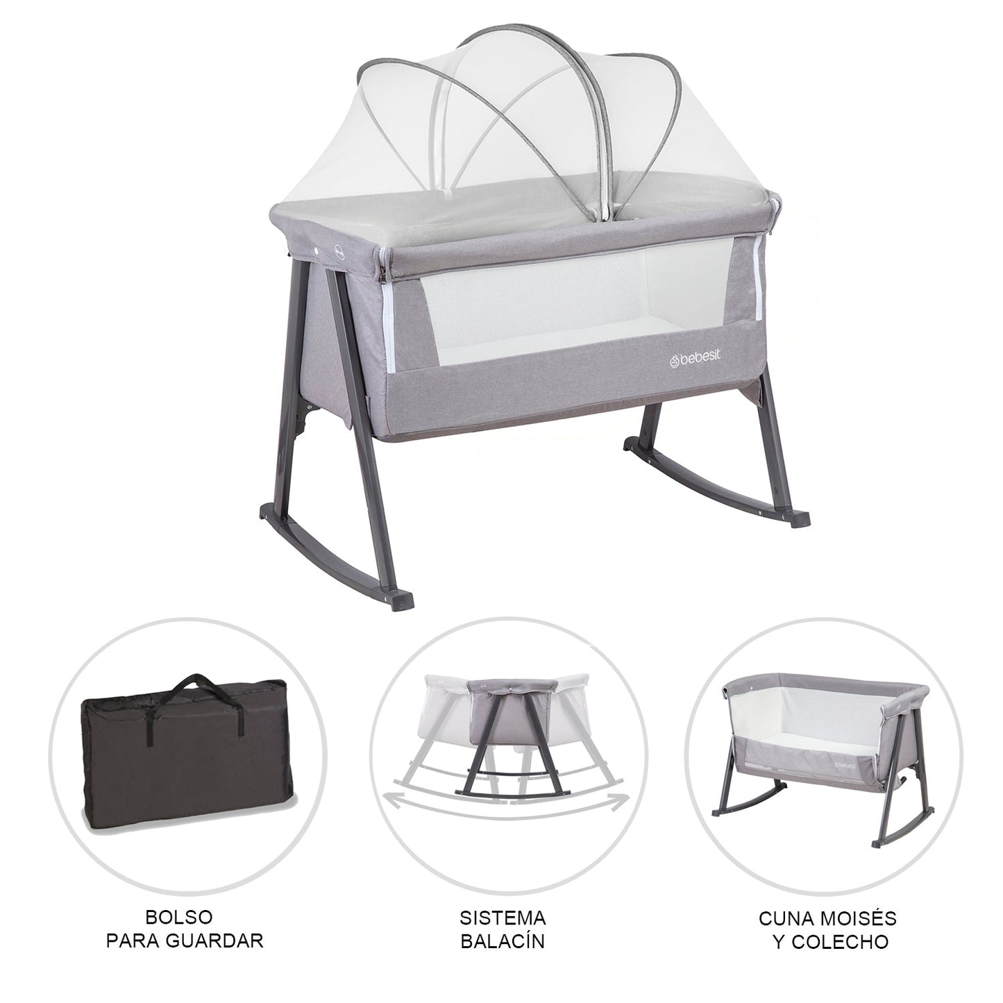 Cuna Moisés Balancín con Mosquitero - Gris | Bebesit