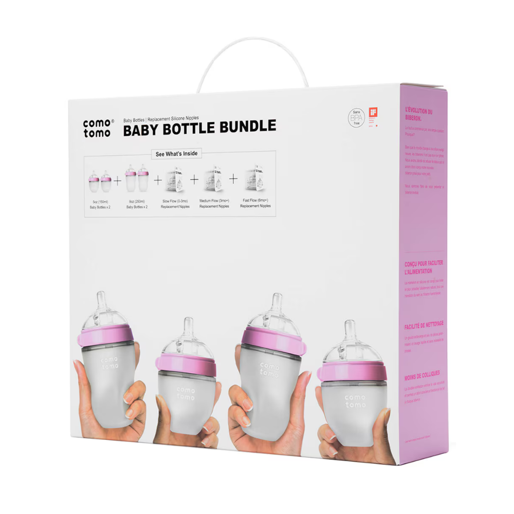 Set 4 Mamaderas Comotomo: 2 de 150 ml + 2 de 250 ml + 3 Sets de Tetinas - Rosado | Comotomo
