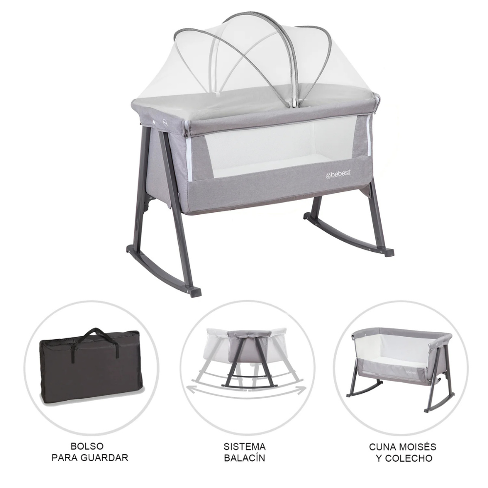 Cuna Moisés Balancín con Mosquitero - Gris | Bebesit