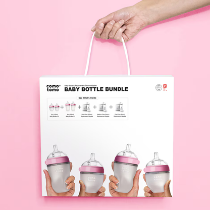 Set 4 Mamaderas Comotomo: 2 de 150 ml + 2 de 250 ml + 3 Sets de Tetinas - Rosado | Comotomo