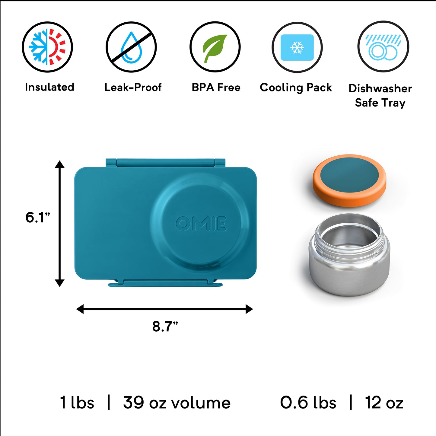 OmieBox UP® – Lonchera Térmica Infantil con Termo Integrado - Teal Green | Omie
