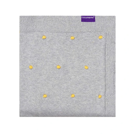 Organic Cotton Pom Pom Blanket - Grey/Yellow