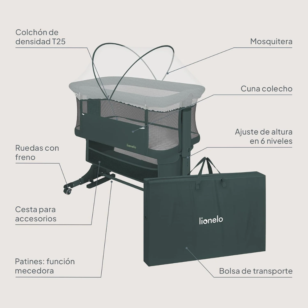 Cuna Colecho Jodie - Green Graphite | Lionelo