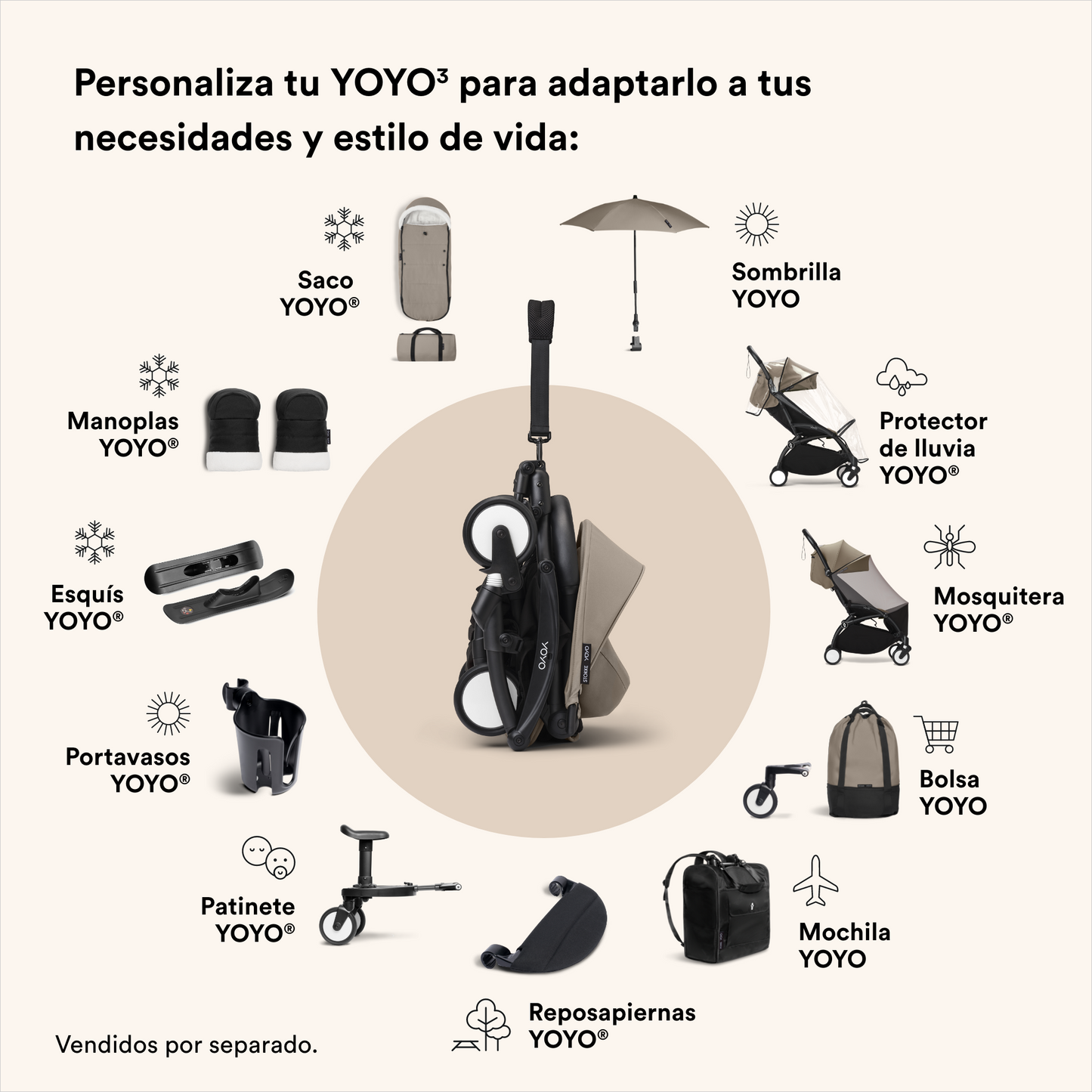 Coche Completo Stokke® YOYO³ – Chasis Negro + Asiento 6+ Taupe | YOYO by Stokke