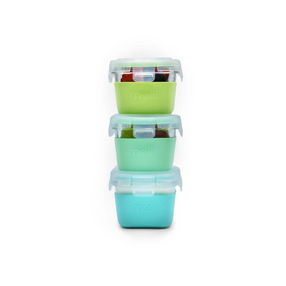 Pack de 3 Contenedores de Vidrio con Funda de Silicona 160ml - Verde y Azul