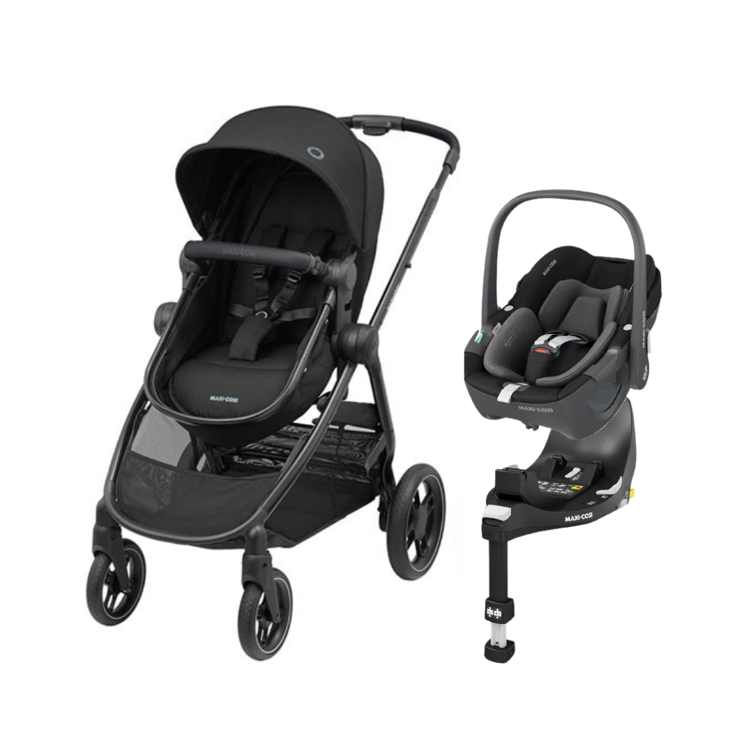 Travel System Coche Zelia 3 + Silla Nido Pebble 360 + Base FamilyFix 360 - Essential Black | Maxi Cosi