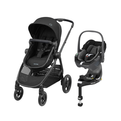 Travel System Coche Zelia 3 + Silla Nido Pebble 360 + Base FamilyFix 360 - Essential Black | Maxi Cosi