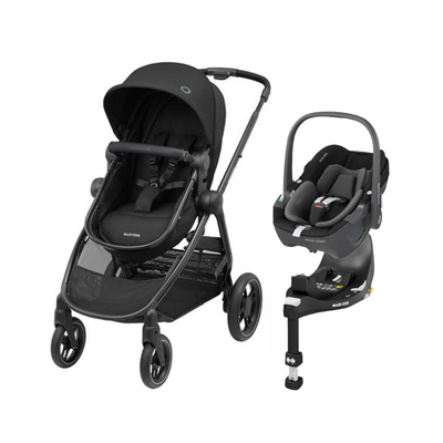 Travel System Coche Zelia 3 + Silla Nido Pebble 360 + Base FamilyFix 360 - Essential Black | Maxi Cosi