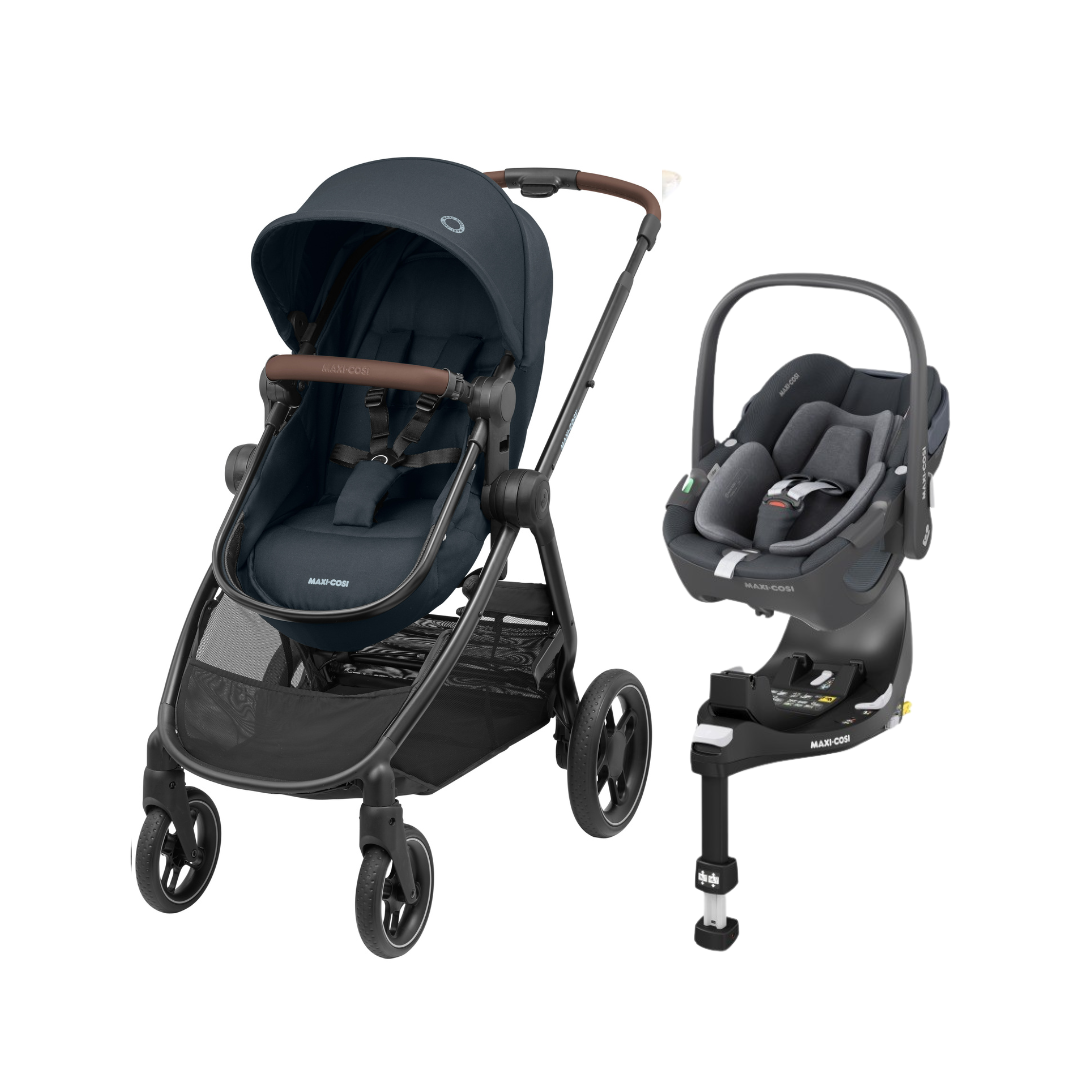 Travel System Coche Zelia 3 + Silla Nido Pebble 360 + Base FamilyFix - Essential Grey | Maxi Cosi