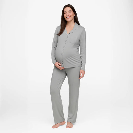 Pijama Maternal Camisero Manga Larga - Gris | Nala Maternity