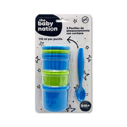 Pack de 3 Pocillos con Cuchara - Azul y Verde | The Baby Nation