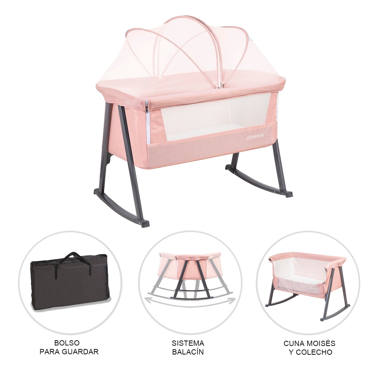 Cuna Moisés Balancín con Mosquitero - Rosa | Bebes