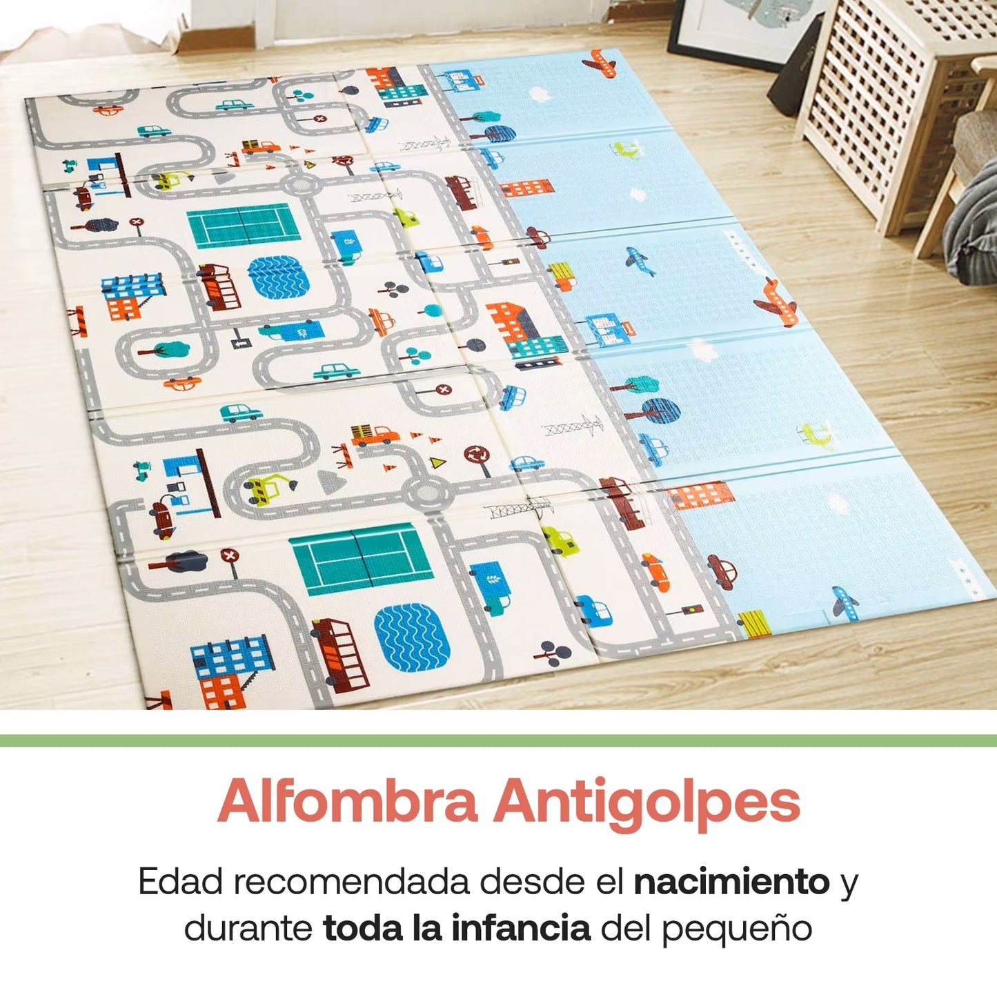 Alfombra Antigolpes Infantil Plegable con Bolso - 180x120 - Ciudad y Elefante | Bebesit