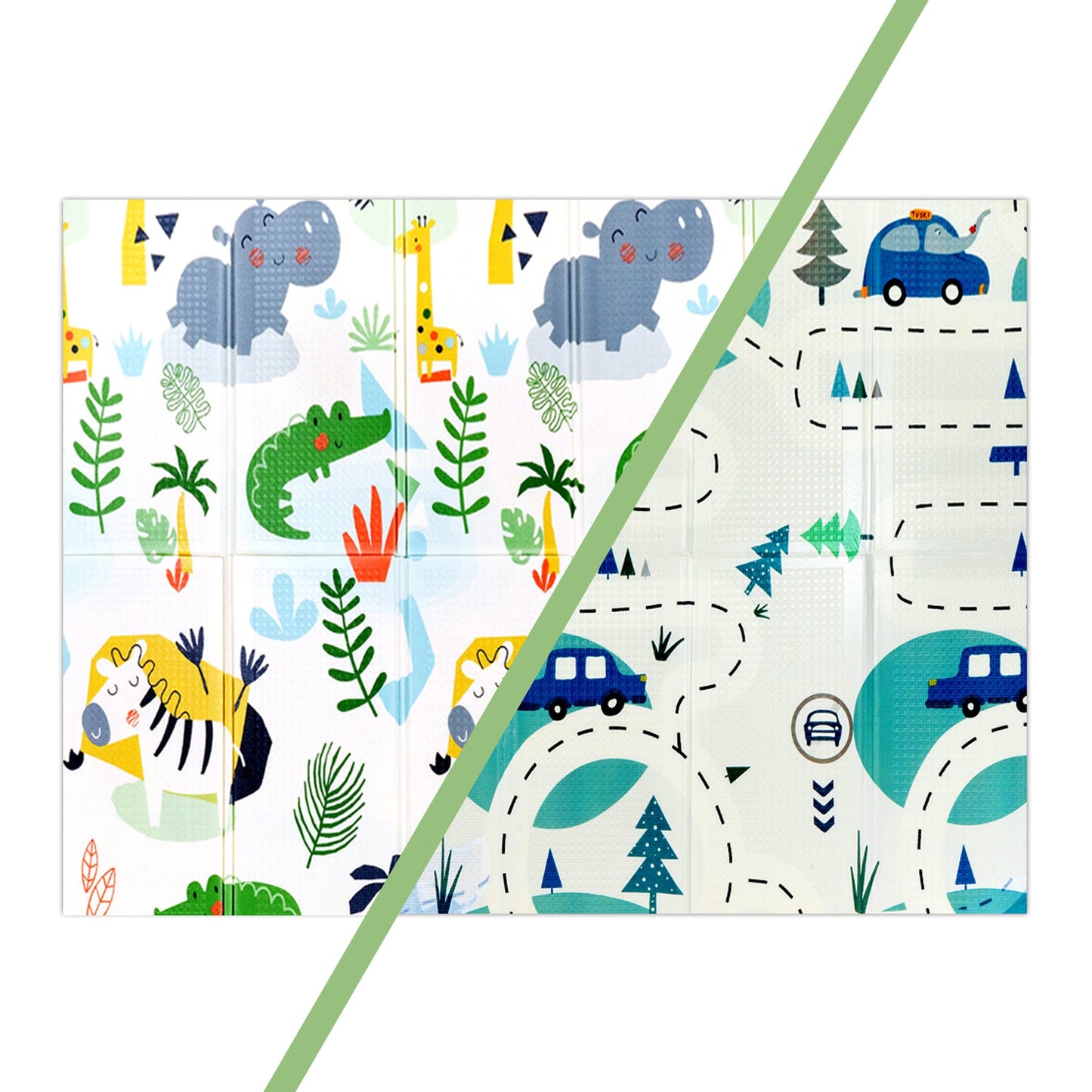 Alfombra Antigolpes Infantil Plegable con Bolso - 180x120 - Auto y Jungla | Bebesit