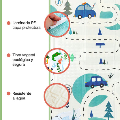 Alfombra Antigolpes Infantil Plegable con Bolso - 180x120 - Auto y Jungla | Bebesit