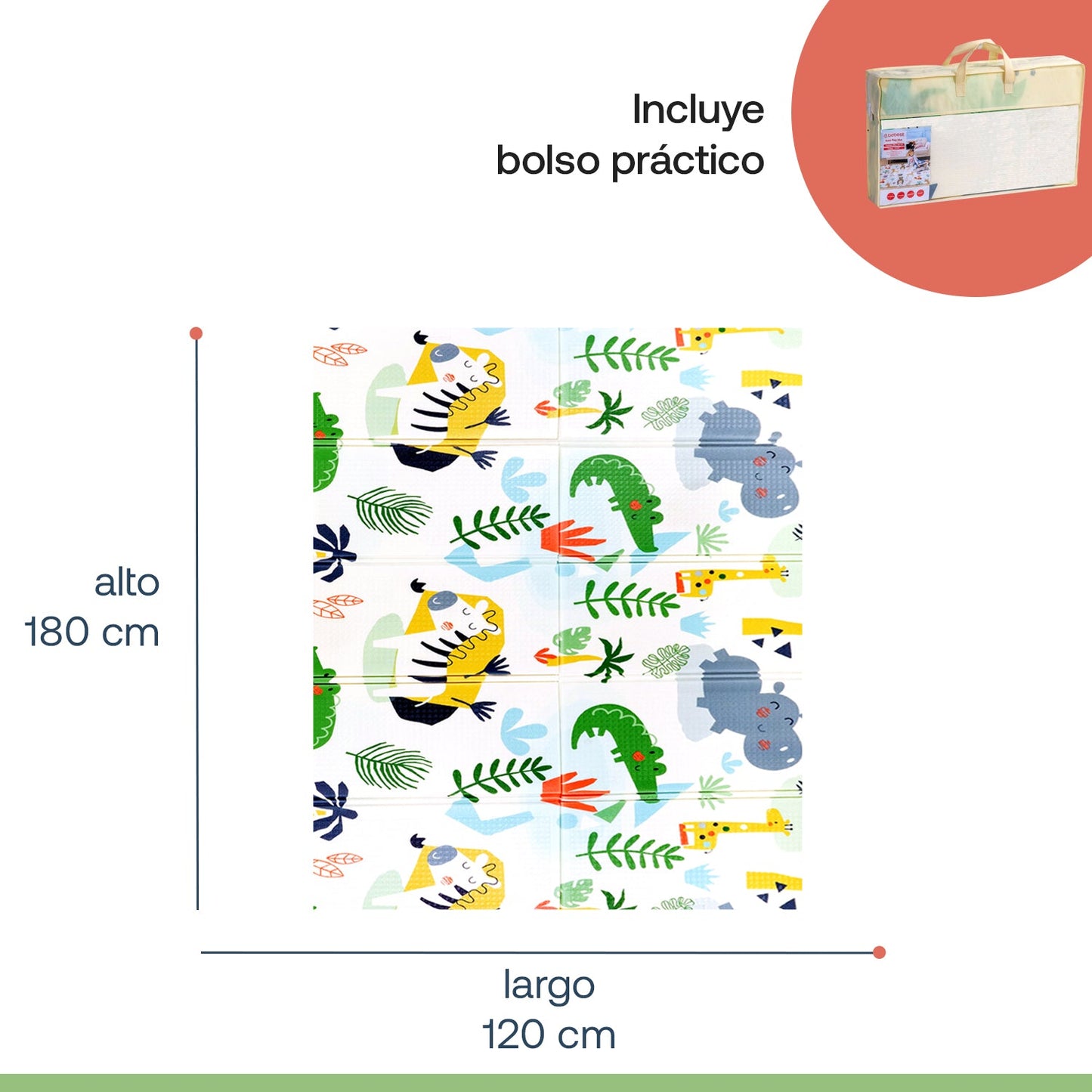 Alfombra Antigolpes Infantil Plegable con Bolso - 180x120 - Auto y Jungla | Bebesit