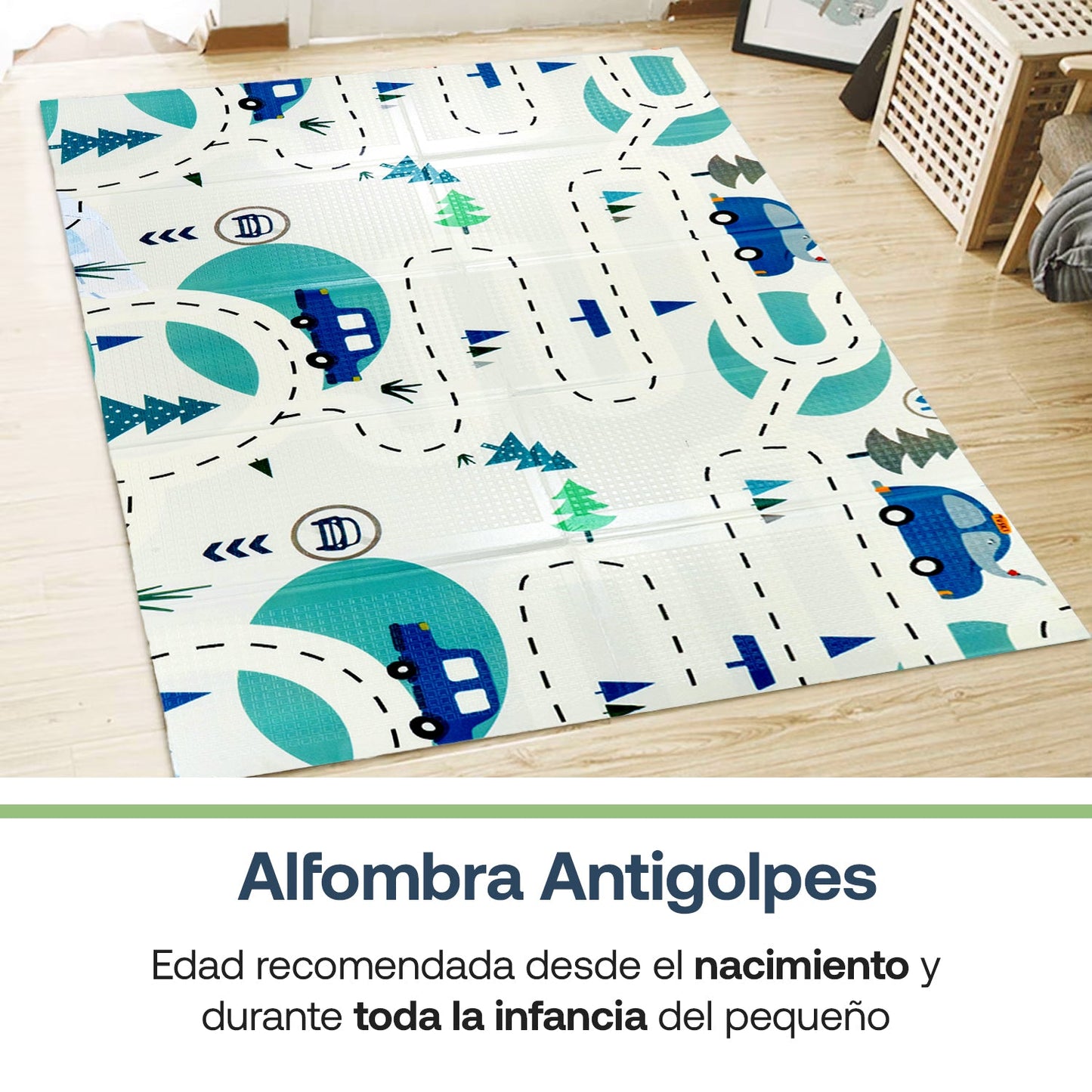 Alfombra Antigolpes Infantil Plegable con Bolso - 180x200 - Auto y Montaña | Bebesit