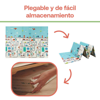Alfombra Antigolpes Infantil Plegable con Bolso - 180x200 - Oso y Ciudad | Bebesit