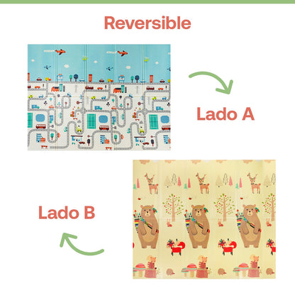 Alfombra Antigolpes Infantil Plegable con Bolso - 180x200 - Oso y Ciudad | Bebesit