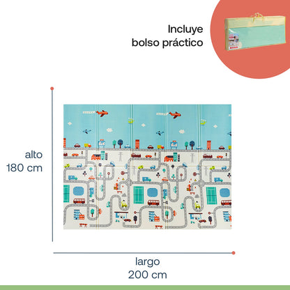Alfombra Antigolpes Infantil Plegable con Bolso - 180x200 - Oso y Ciudad | Bebesit