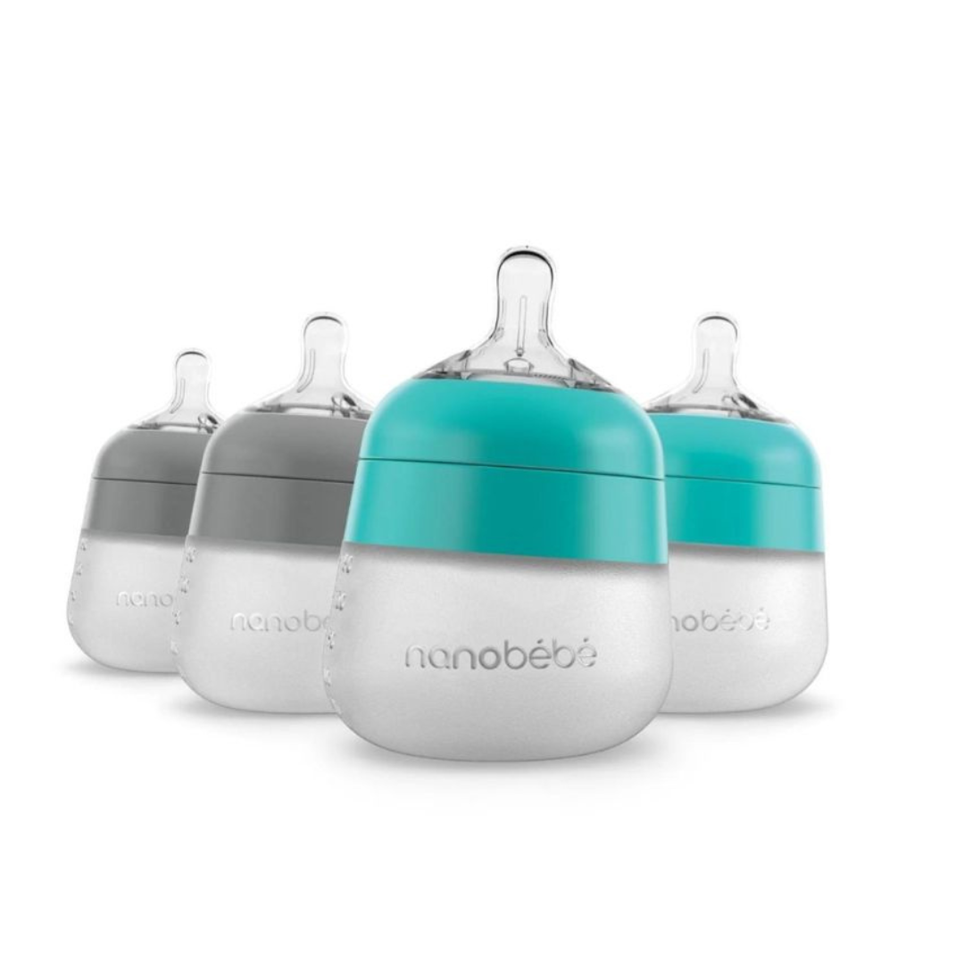 Pack of 4 Silicone Baby Bottles 150 ml - Turquoise and Grey