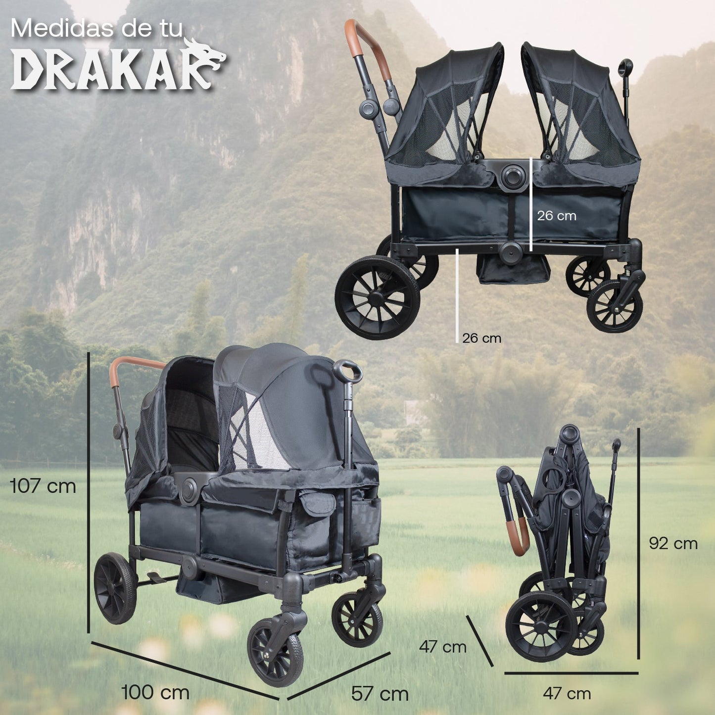 Coche y Carro de Paseo Doble Wagon Drakar - Negro | Bebesit