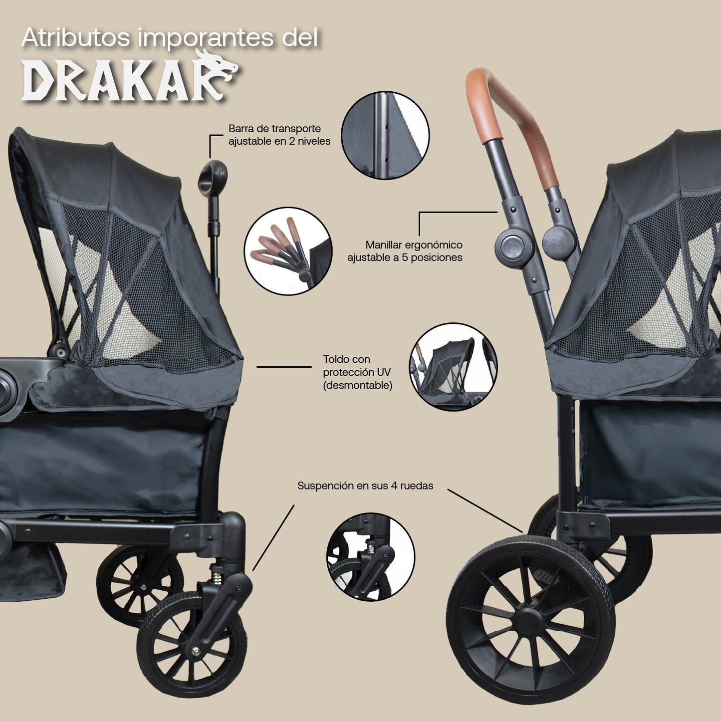 Coche y Carro de Paseo Doble Wagon Drakar - Negro | Bebesit