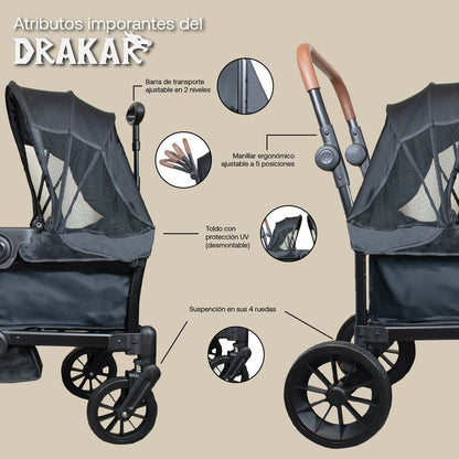 Coche y Carro de Paseo Doble Wagon Drakar - Negro | Bebesit