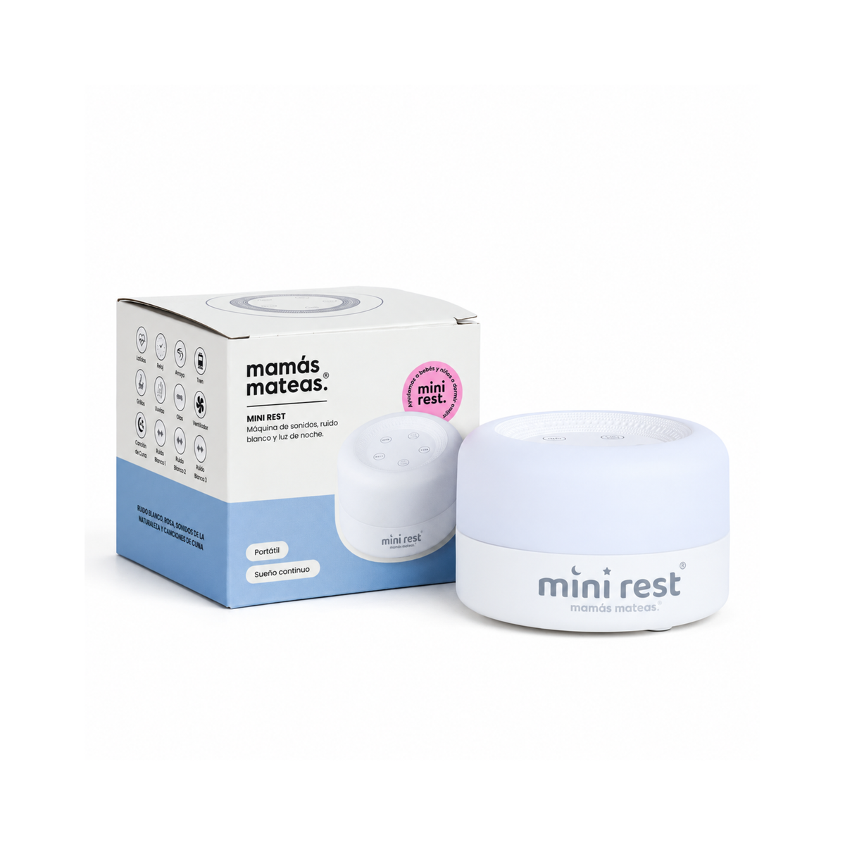 Mini Rest de Mamás Mateas, máquina de ruido blanco y luz de noche portátil para bebé