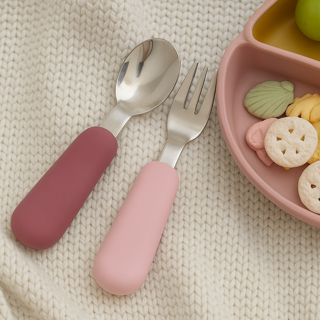 Set de Cuchara y Tenedor de Acero con Mango de Silicona - Blush | Mamás Mateas