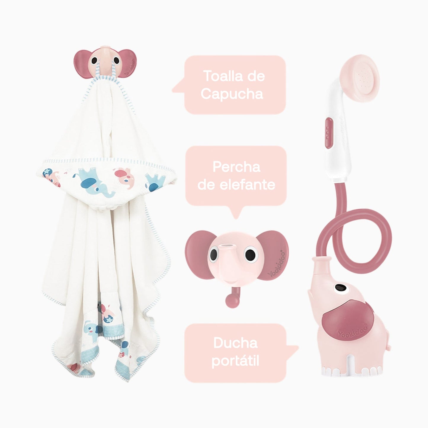 Set de Baño Ducha Elefante y Toalla - Rosa | Yookidoo